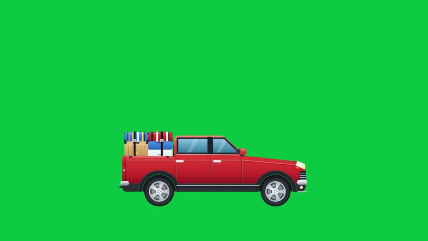Red Pickup Truck with Cargo Luggage on Green Screen