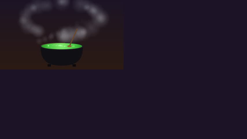Witch cauldron with green potion. A black cauldron of glowing green potion sits low in frame under a ring of white steam puffs, a thin stirring stick resting in the brew.