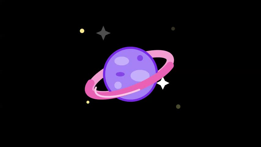 This video showcases identical purple cartoon planets each encircled by a vibrant pink ring, set against a deep black background filled with subtle twinkling stars. The animation features a rhythmic pulsing effect where the celestial bodies expand and contract gently Featuring space, cosmic, vector, graphics, astronomy, science, galaxy, universe, orbit, whimsical, motion, loop, floating, minimalist, flat, design