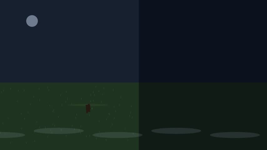 Zombie hand rising from a lawn sting. A green zombie hand bursts up through dark grass at night, flexes, then settles upright and still among soil clods.