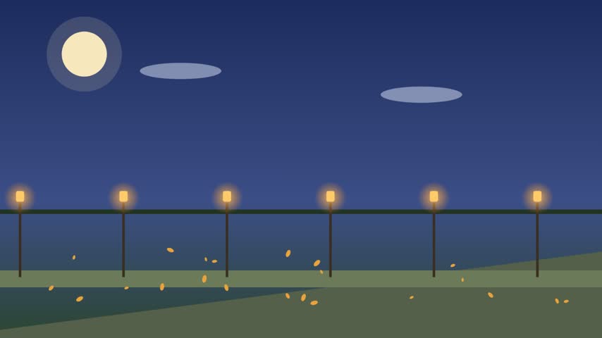 Costumed figures crossing a finish arch by moonlight. Tiny witch, ghost and pumpkin characters walk a lantern-lit park path under a full moon and pass a blank-banner arch.