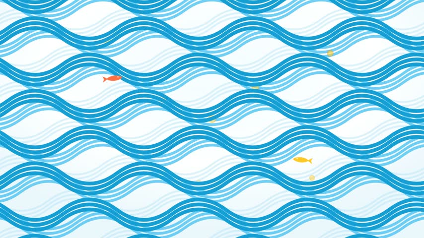 This flat vector animation features a repetitive pattern of rhythmic blue wavy lines moving horizontally against a clean white background. Small orange and yellow silhouettes of aquatic creatures swim smoothly through the currents. The minimalist aesthetic uses vibrant cyan tones and simple geometric shapes to create a calming fluid motion effect throughout.