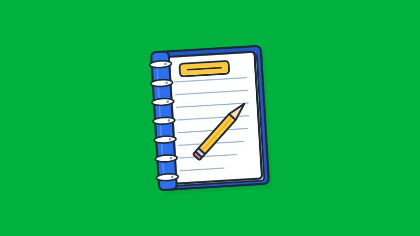 Short animation sequence showing a blue notebook opening with a pencil appearing and writing on the lined pages against a green screen background.