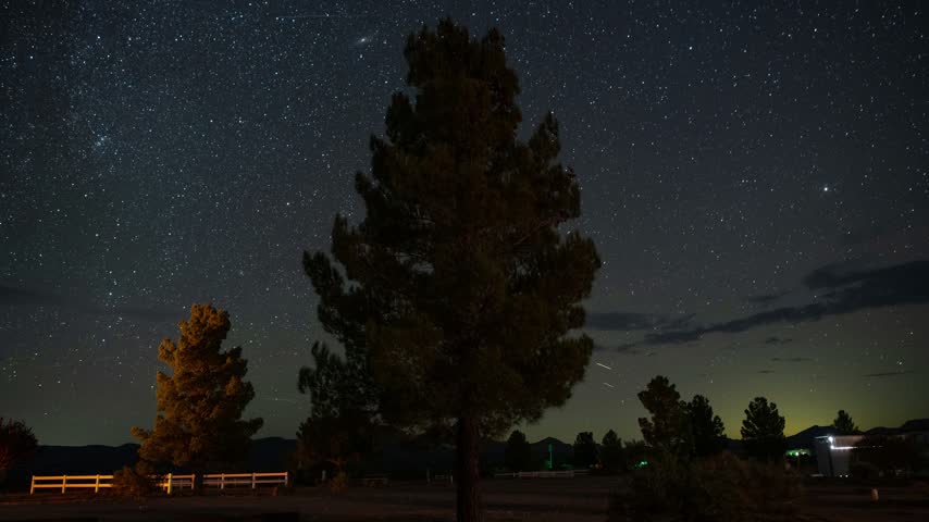 Time lapse of stars rising above a park at night