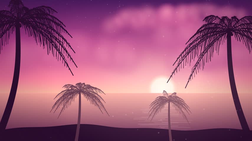 Tropical sunset with palm trees silhouetted against a vibrant pink and purple sky over a calm ocean