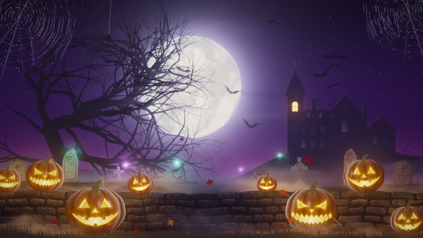 Glowing jack-o-lantern pumpkins illuminate a spooky graveyard under a full moon beside a haunted house.