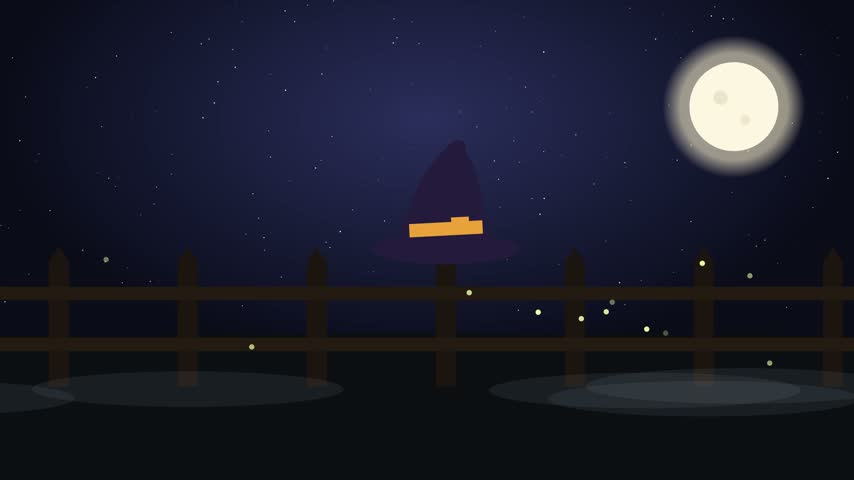Witch hat resting on a fence post under a starry sky. Animated vector illustration of a pointed witch hat resting on a crooked fence post with stars twinkling and bats gliding past. Seamless 10 second loop for charming spooky scenes.