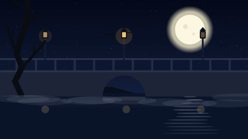 Haunted stone bridge over misty water with glowing lanterns. Animated vector illustration of an old stone bridge arching over misty water, lit by flickering lanterns with bats crossing the moonlit sky. Seamless 10 second loop for gothic Halloween scenes.