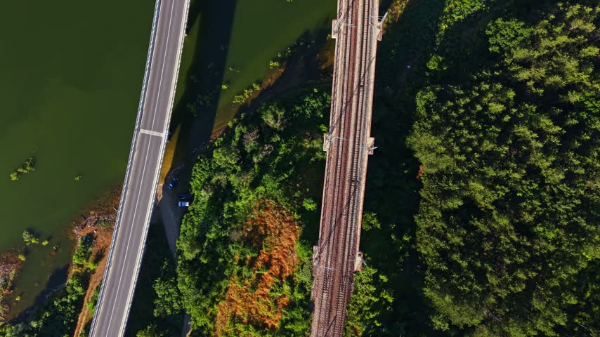 A railway track runs over water next to a road. Trees and vegetation fill the area. This scene shows nature and human structures together. The sun is shining on the land.