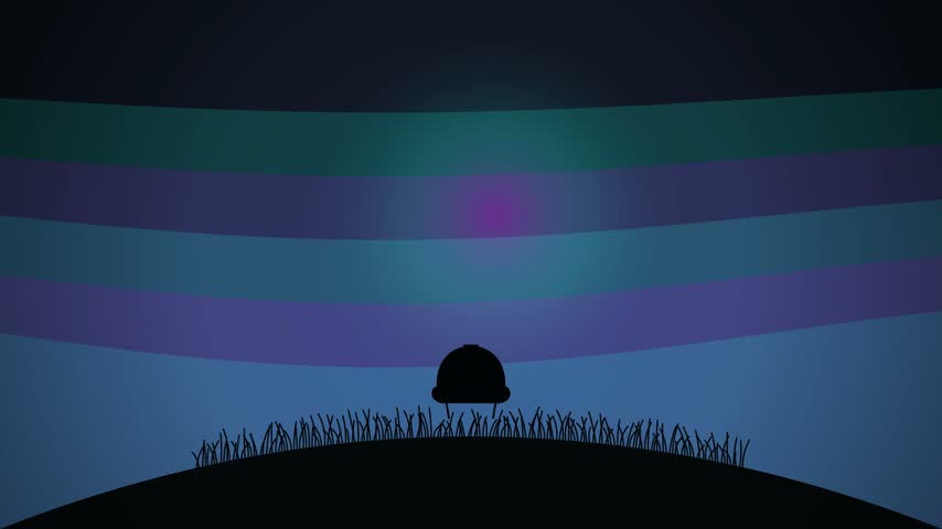 A dark, alien-like silhouette hovers above a grassy hill against a backdrop of the Northern Lights.
