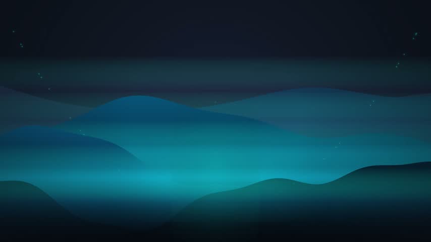 Serene nighttime landscape with rolling blue hills shrouded in mist and twinkling stars above.