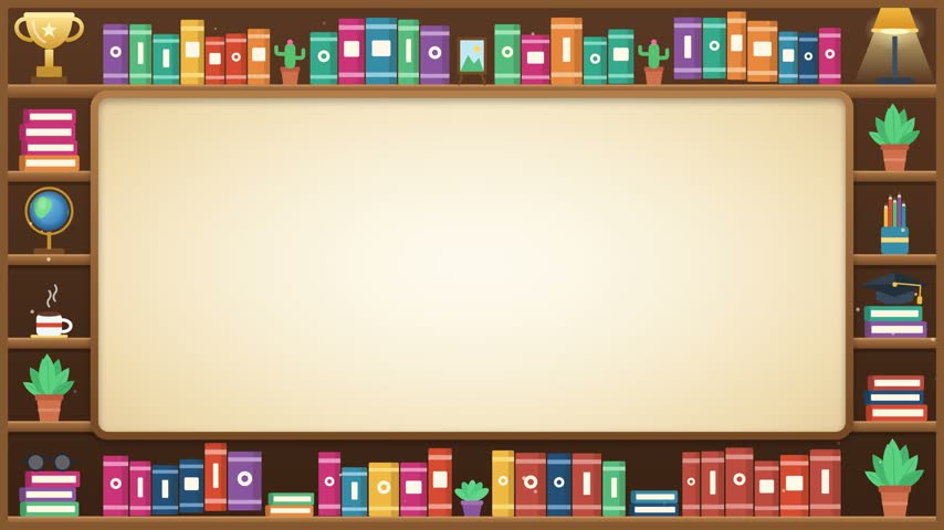Flat vector illustration of a library bookshelf filled with colorful books and decorative items around empty rectangular frames. Perfect for educational videos and online meeting backgrounds.
