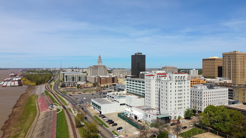 Baton Rouge downtown district with government offices, historic streets and commercial buildings in the capital of Louisiana.