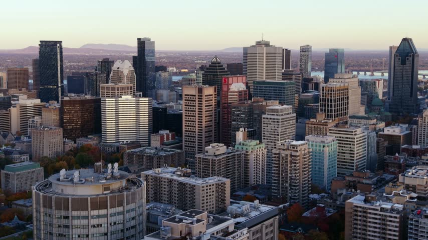 Close Aerial View of Downtown Montreal High-Rise Buildings
