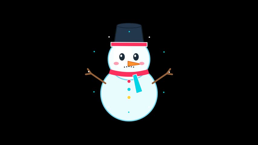 Animated cartoon snowman waving arms with scarf and hat on black background ideal for holiday video projects