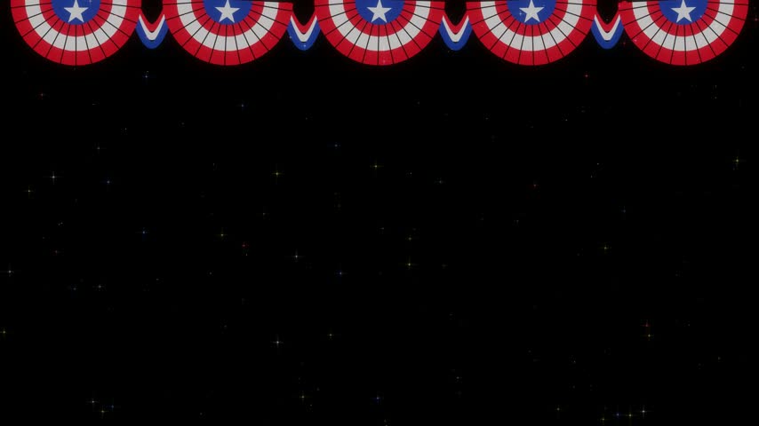 Patriotic American fan bunting in red, white and blue swaying on pure black background, seamless loop Independence Day and Memorial Day overlay