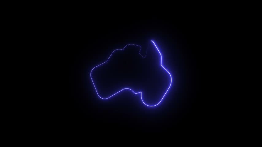 A glowing neon blue light outlines the map of Australia, pulsing against a dark background in a continuous motion loop.