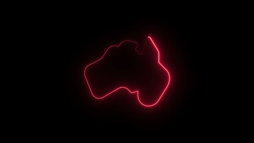 A glowing red neon outline map of Australia animates against a dark black background, creating a sleek modern visual effect.