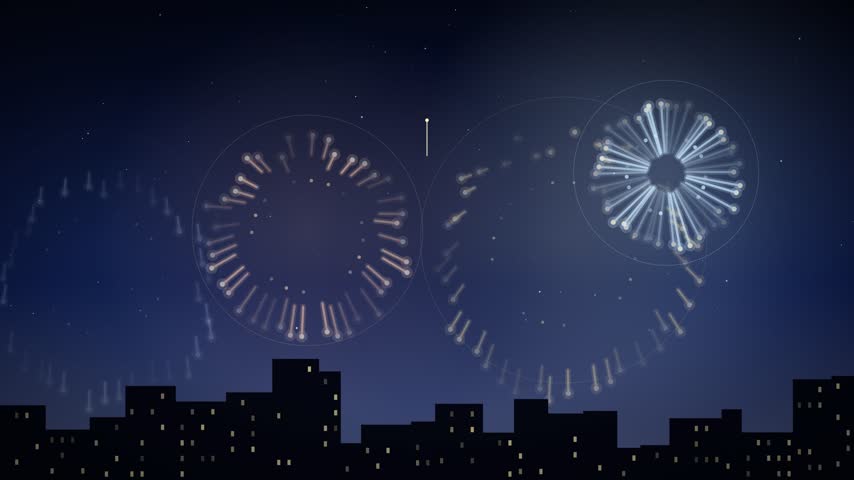 Gold line art fireworks bursting over a night city skyline silhouette on a navy blue sky, New Year celebration