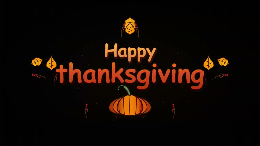 An animated greeting card for Thanksgiving featuring glowing autumn leaves and an orange pumpkin gently floating and pulsing against a dark background.