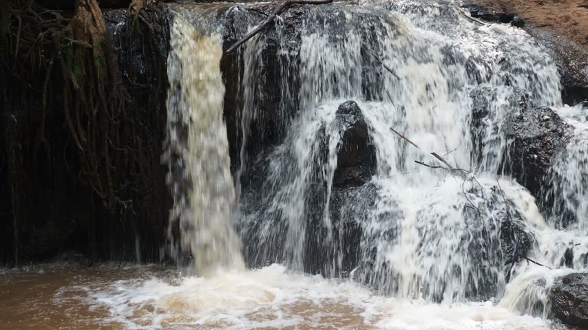 A Small Waterfall Flowing in a Forest River Close Up
