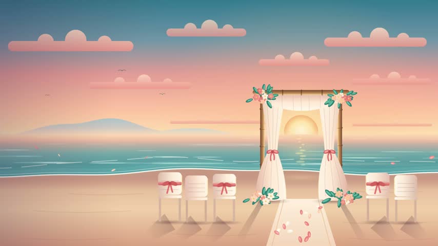 Romantic beach wedding ceremony at sunset vector illustration