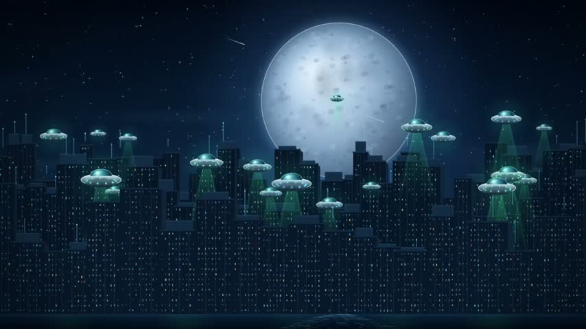 Giant Moon Over Futuristic City at Night with Glowing Skyscrapers and Cinematic Blue Atmosphere