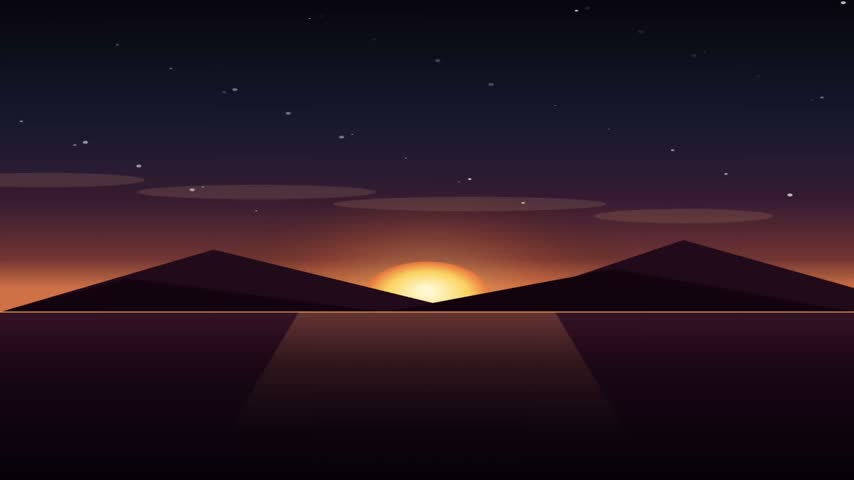 A serene minimalist landscape featuring a glowing sun setting between two dark mountain silhouettes, casting a soft reflection on the water below at twilight.
