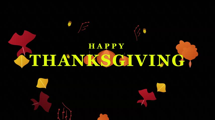 Happy Thanksgiving greeting card with floating autumn leaves and dark background