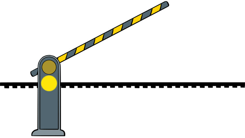 Animated railroad crossing with a passing train, barrier gate, and signal light