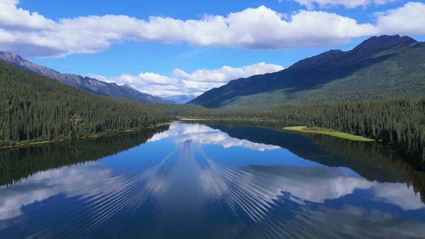 Drone pass following fine wake lines over a glassy lake as bright clouds and a sunlit mountain ridge reflect between dark spruce-covered shores