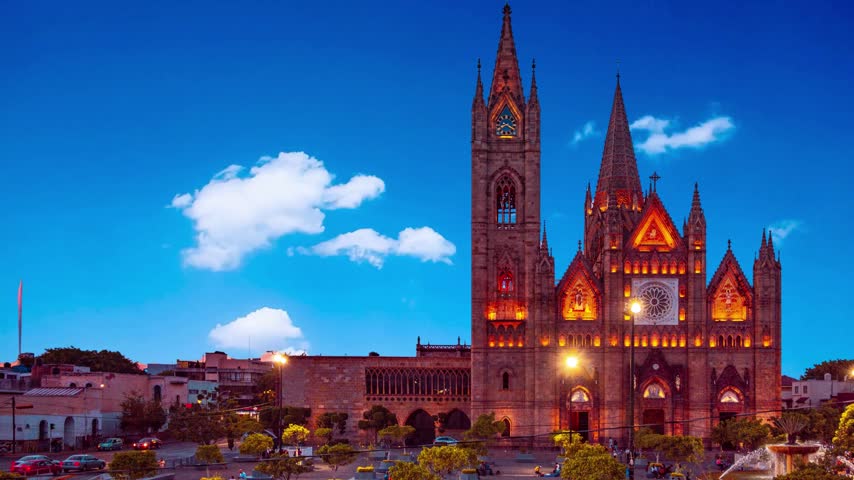 GUADALAJARA, MEXICO  Fountain in front of Main Cathedral. Gudalajara is the capital and largest city of the Mexican state of Jalisco, and the seat of the municipality of GuadalajaraFountain on The Plaza de Armas day to night transition timelapse, also known as the Plaza Mayor, sits at the heart of Lima