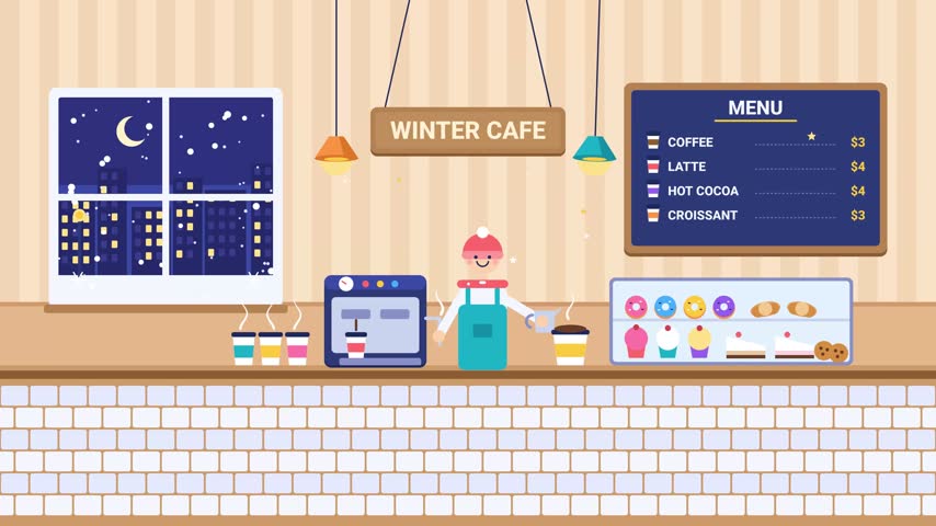 Cozy cartoon coffee shop with a smiling barista making a heart latte, steaming cups, glass case of pastries, chalkboard menu and a window showing falling snow, ultra HD loop