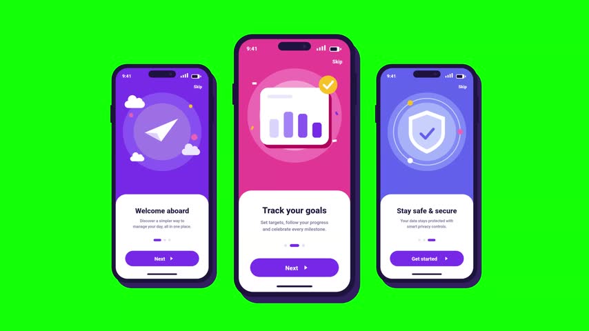 Flat vector mobile app onboarding screens on three smartphones with swiping pages, geometric illustrations, pager dots and next button on green screen background
