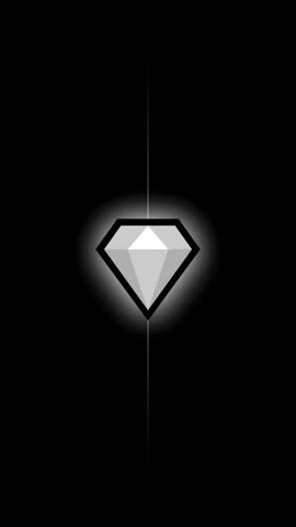 Shiny diamond glows brightly against a deep black background. Its facets catch light, creating sharp, brilliant reflections. Thin vertical beam cuts through the dark space