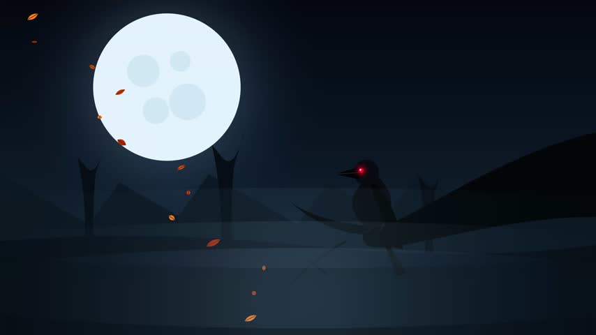 Spooky crow perched at night with falling leaves