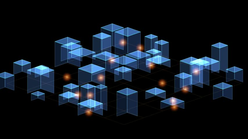 An isometric array of translucent blue buildings and data blocks illuminated by glowing orange light points on a dark grid floor.
