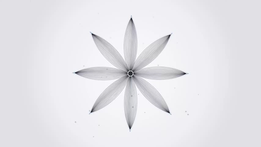 A clean minimalist abstract 3D render animation featuring a geometric flower made of fine black line art petals. The central core pulses subtly while delicate particles float against a bright white background. Perfect for modern corporate presentations scientific visualizations meditative content and upscale commercial video background loops.