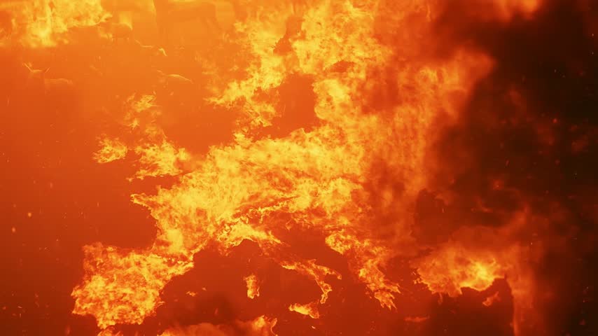Burning Europe Map with Intense Flames and Dynamic Zoom Motion, Geopolitical Crisis and War Escalation Cinematic Fire Animation Loop for News Intro