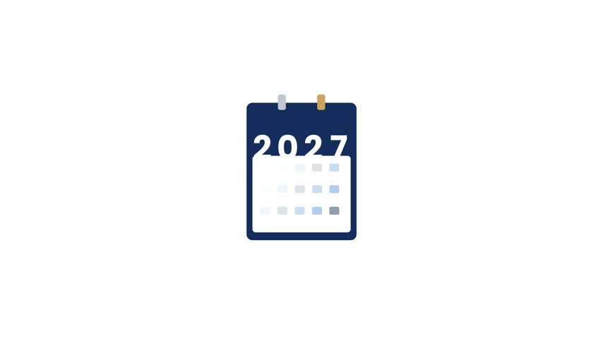 A clean vector animation loop of a 2027 calendar flipping pages, featuring modern flat design elements, blue and gold color palette, and a star symbol marking a date. Perfect for New Year countdown videos, corporate event openers, holiday greetings, and time transition motion graphics.