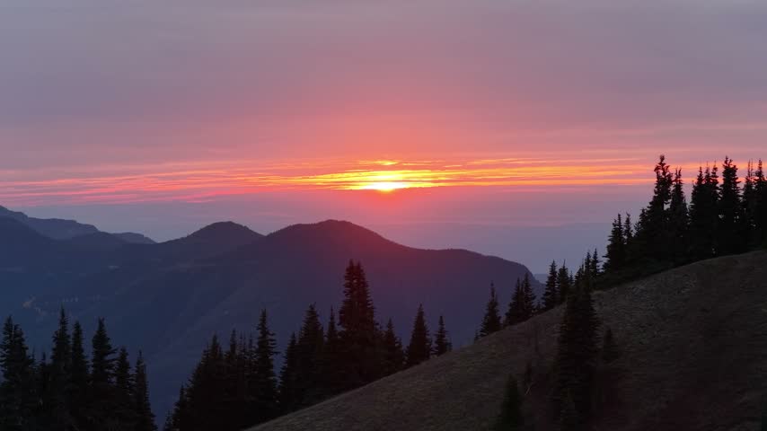Sunset unfolds over mountain ridges in Chilliwack, British Columbia, as pink, orange, and purple light spreads across clouds above silhouetted pine-covered slopes.