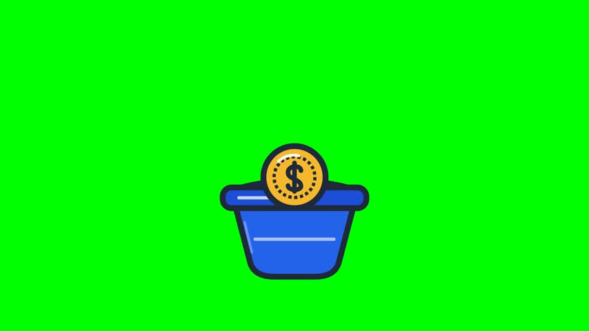 Refined colorful bold outline vector icon of a thriving money plant sprouting from a golden dollar coin inside a modern planter pot. Features an organic sequenced growth and exit animation: the main s