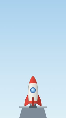 A red and white cartoon rocket shakes on its launch pad, blasts off out of the top, and its smoke trail and cloud settle and hold on a light blue sky.