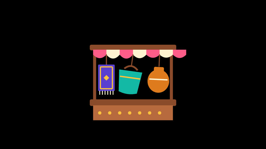 Market stall with striped awning and hanging goods seamless loop
