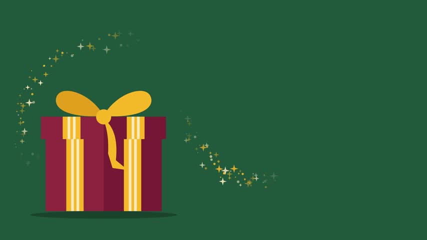 Animated red gift box with gold ribbon and sparkling stars on dark green background, flat vector illustration