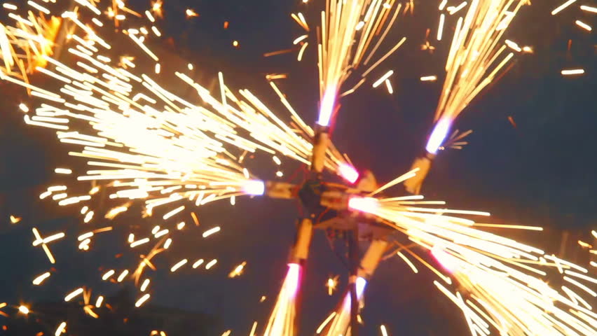 Spinning fire mill, sparkles everywhere, fireshow performance
