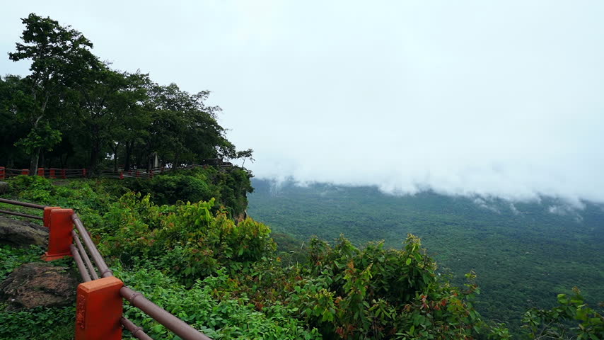Overhead view along the fence at cliff of national park. Beautiful landscape surrounded by vast forests with wind blowing the leaves swaying. And thick misty in the morning.