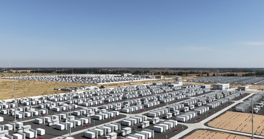Aerial pan across a giant battery energy storage station with container blocks and office building, Dengkou county, Inner Mongolia, China
