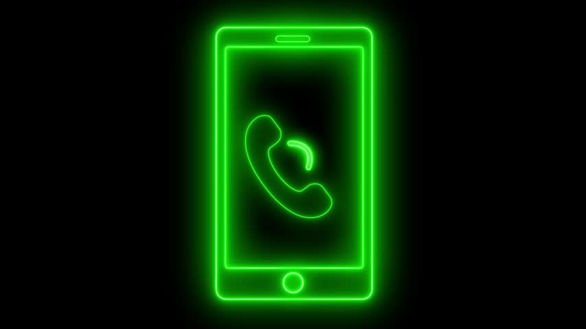 Glowing neon outline of a smartphone with phone call icon minimal line art representing incoming call animation