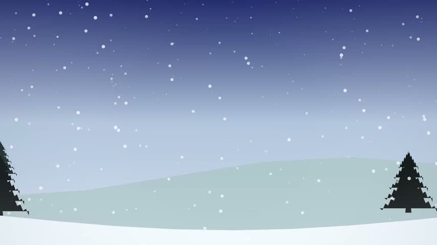 Minimalist winter landscape with two pine trees on a snowy hill under falling snow.